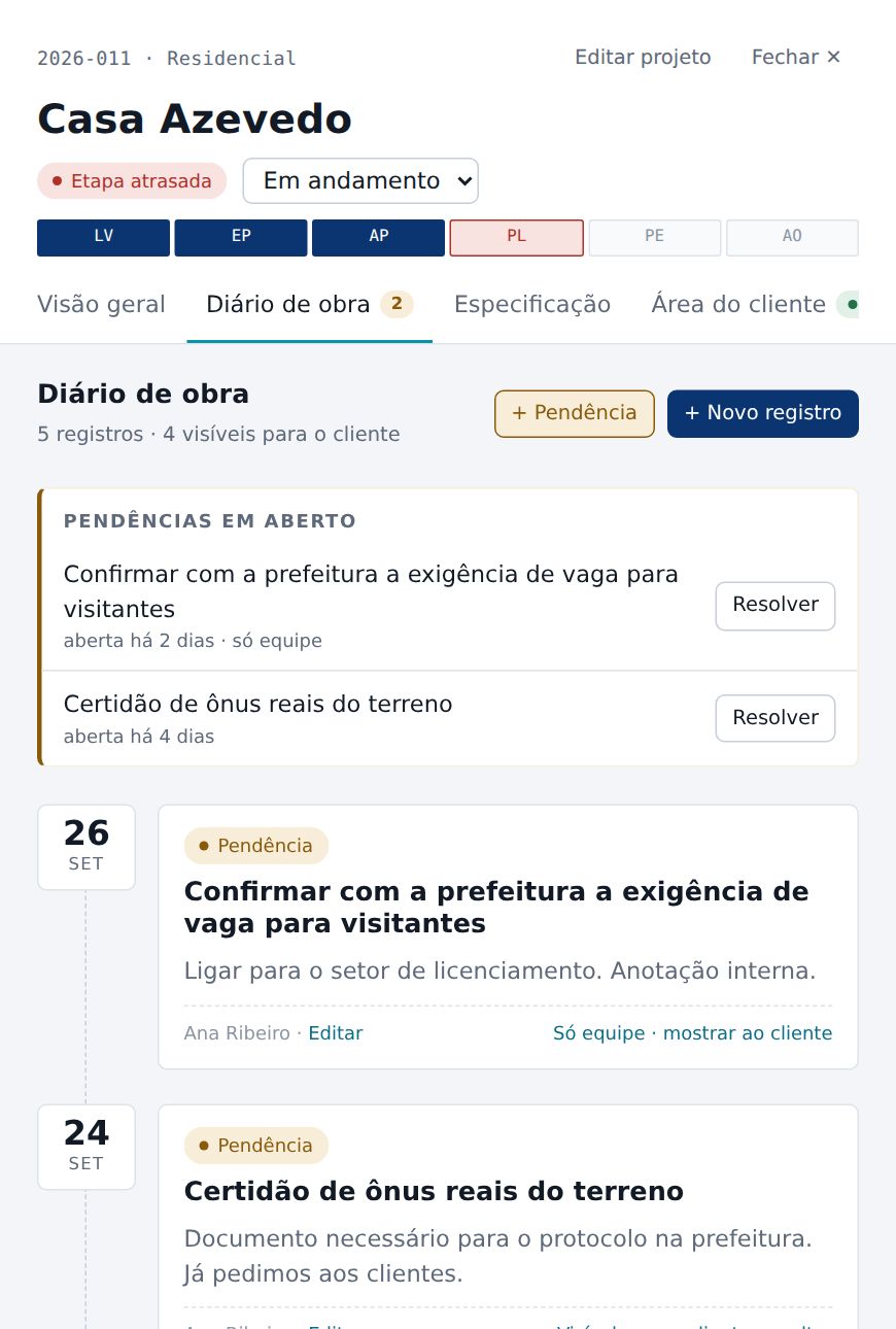 Diário de obra com pendências em aberto e registros datados
