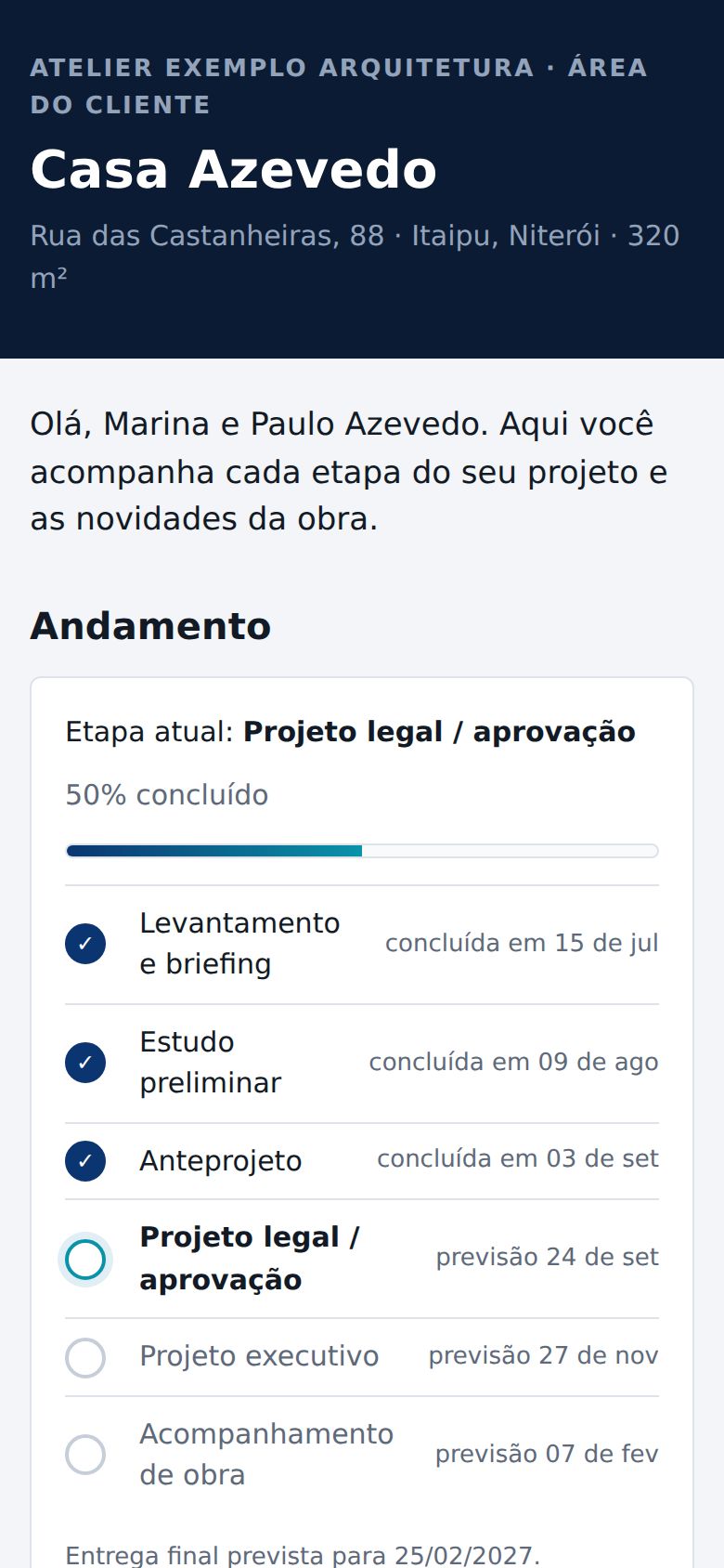 Área do cliente no celular mostrando o andamento das etapas do projeto