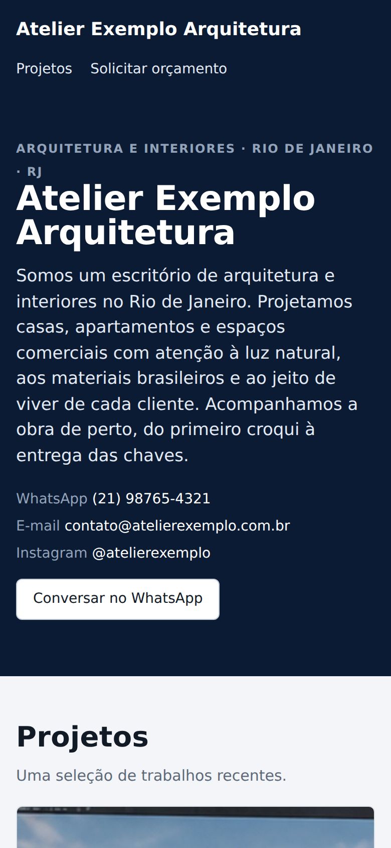 Página pública do escritório no celular, com apresentação e contatos