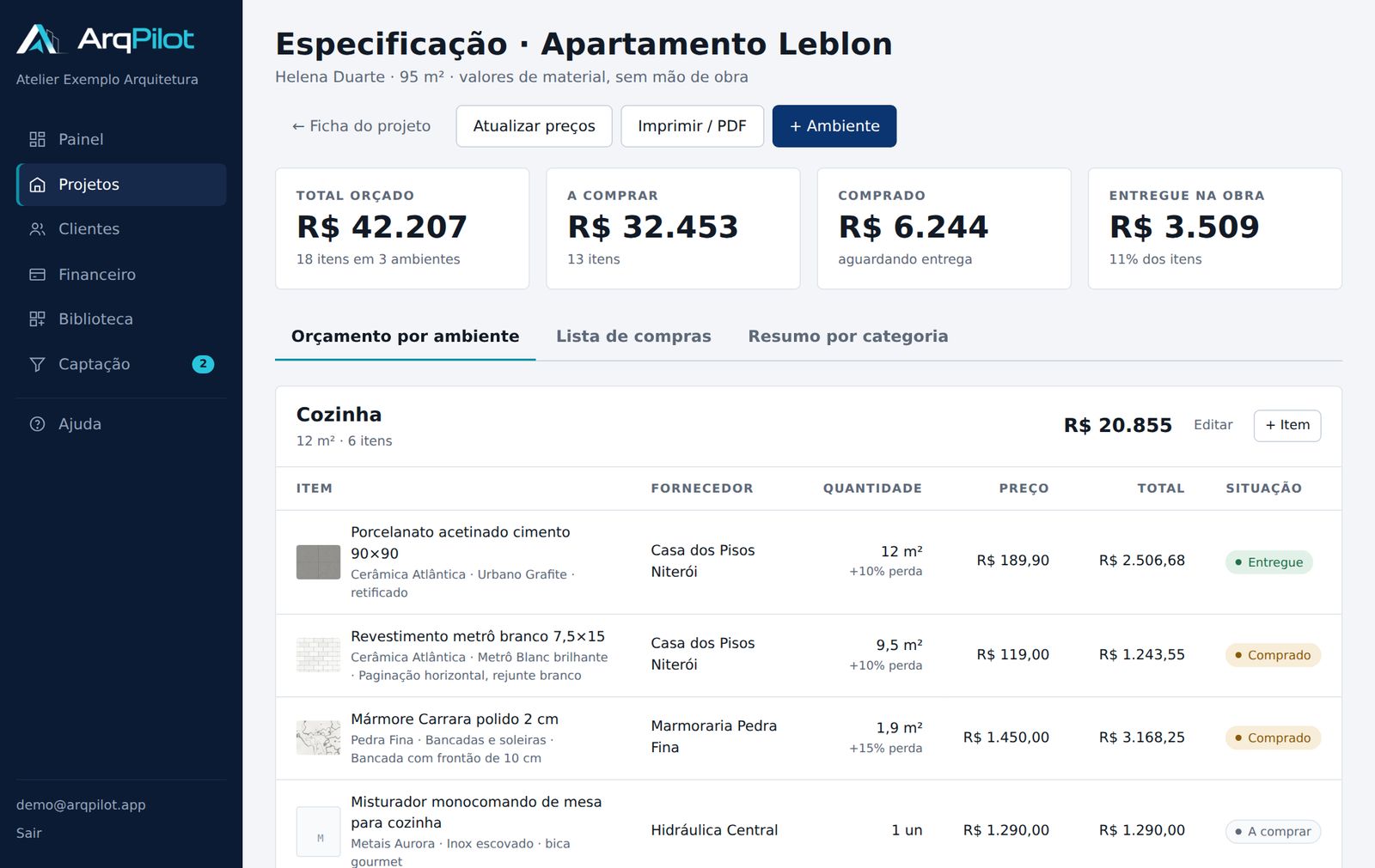 Especificação do Apartamento Leblon com totais orçado, a comprar, comprado e entregue, e itens da cozinha